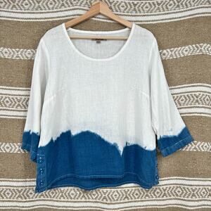 Flax 100% Linen Tunic Top Womens Small White Indigo Blue Dip Dyed 3/4 Sleeves